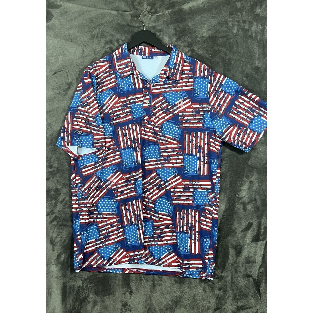 Hreski Shirt Men's Size Large American Flag Print Polo Shirt